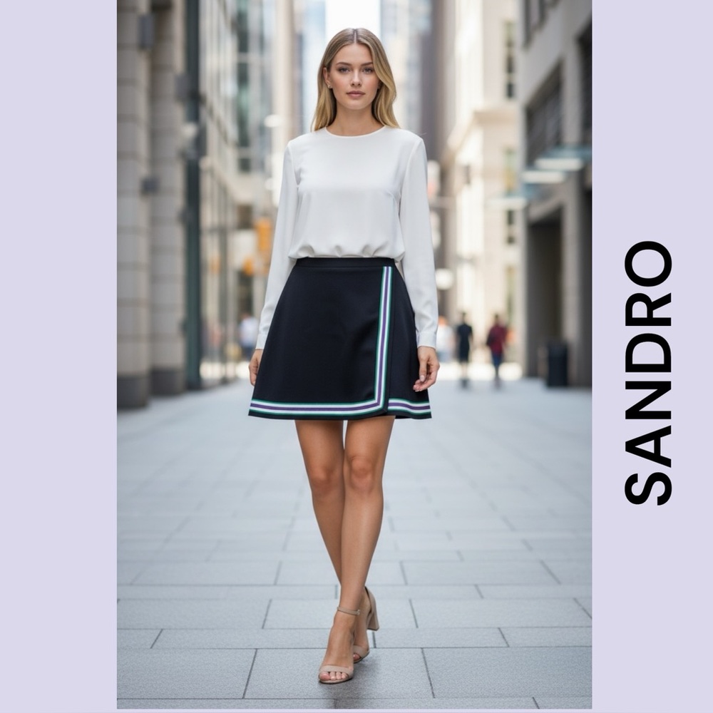 Sandro Black Mini Skirt Green Stripe